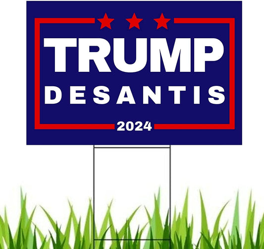 Trump Desantis 2024 Yard Sign | Donald Trump and Ron Desantis 18" x 12" Lawn Sign with Metal Stake - 2 Flags - LiberTee Shirts