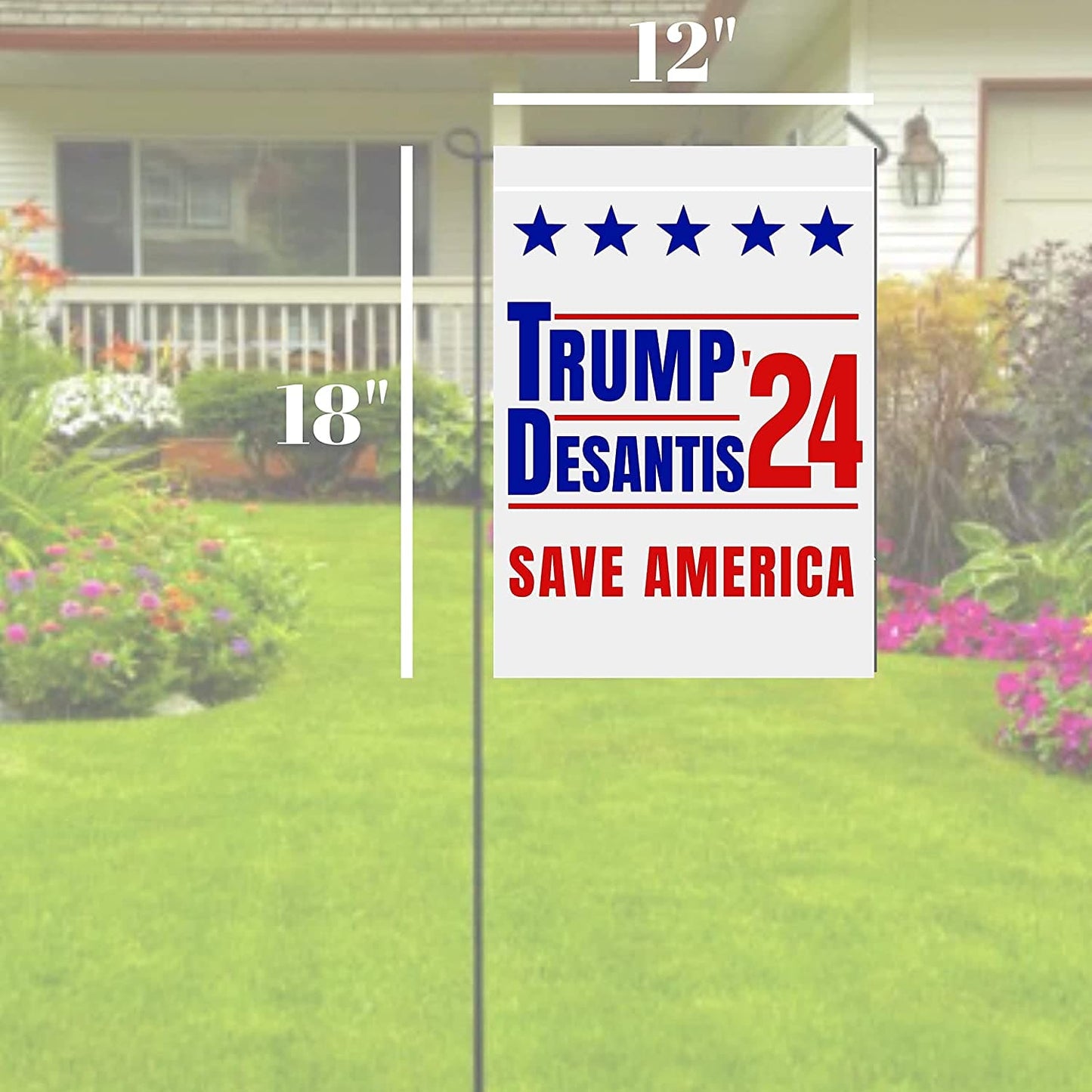 Trump and Desantis '24 Save America Garden Flag | 12"x18" Donald Trump Ron Desantis 2024 Yard Sign - 2 Flags - LiberTee Shirts