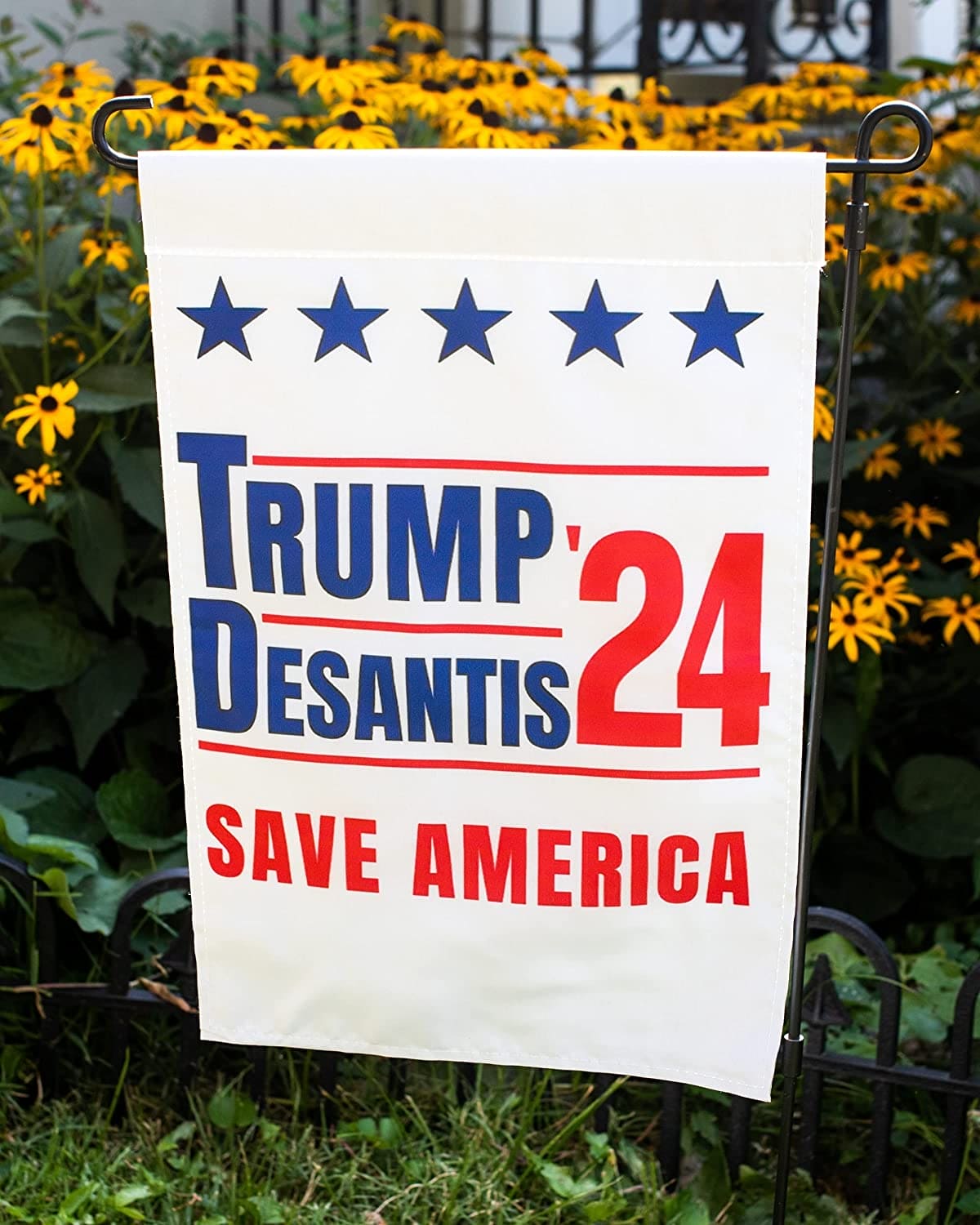 Trump and Desantis '24 Save America Garden Flag | 12"x18" Donald Trump Ron Desantis 2024 Yard Sign - 2 Flags - LiberTee Shirts