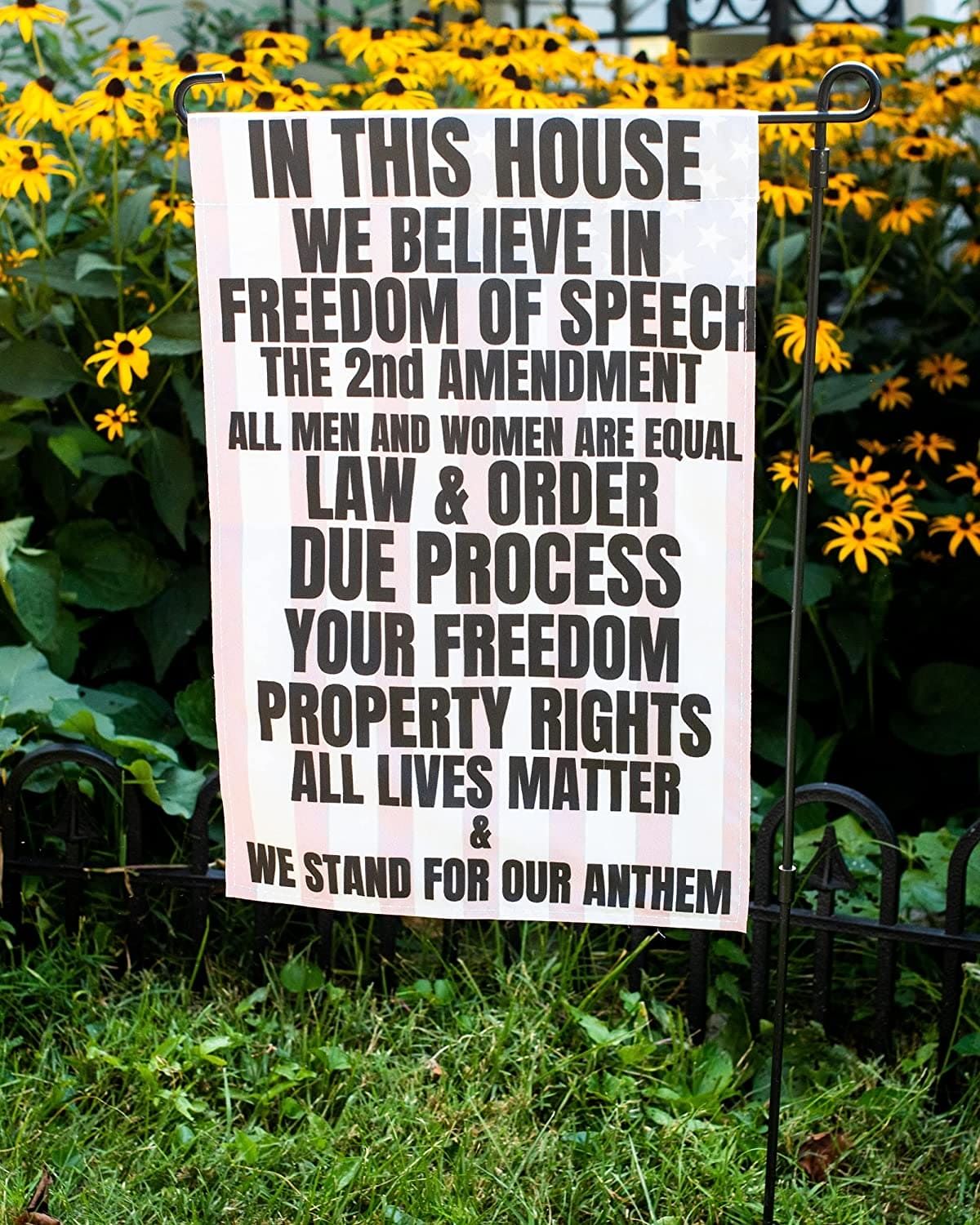 In this house we believe in the 2nd amendment Garden Flag, 12"X18" Conservative Patriotic Free Speech Yard Sign - LiberTee Shirts