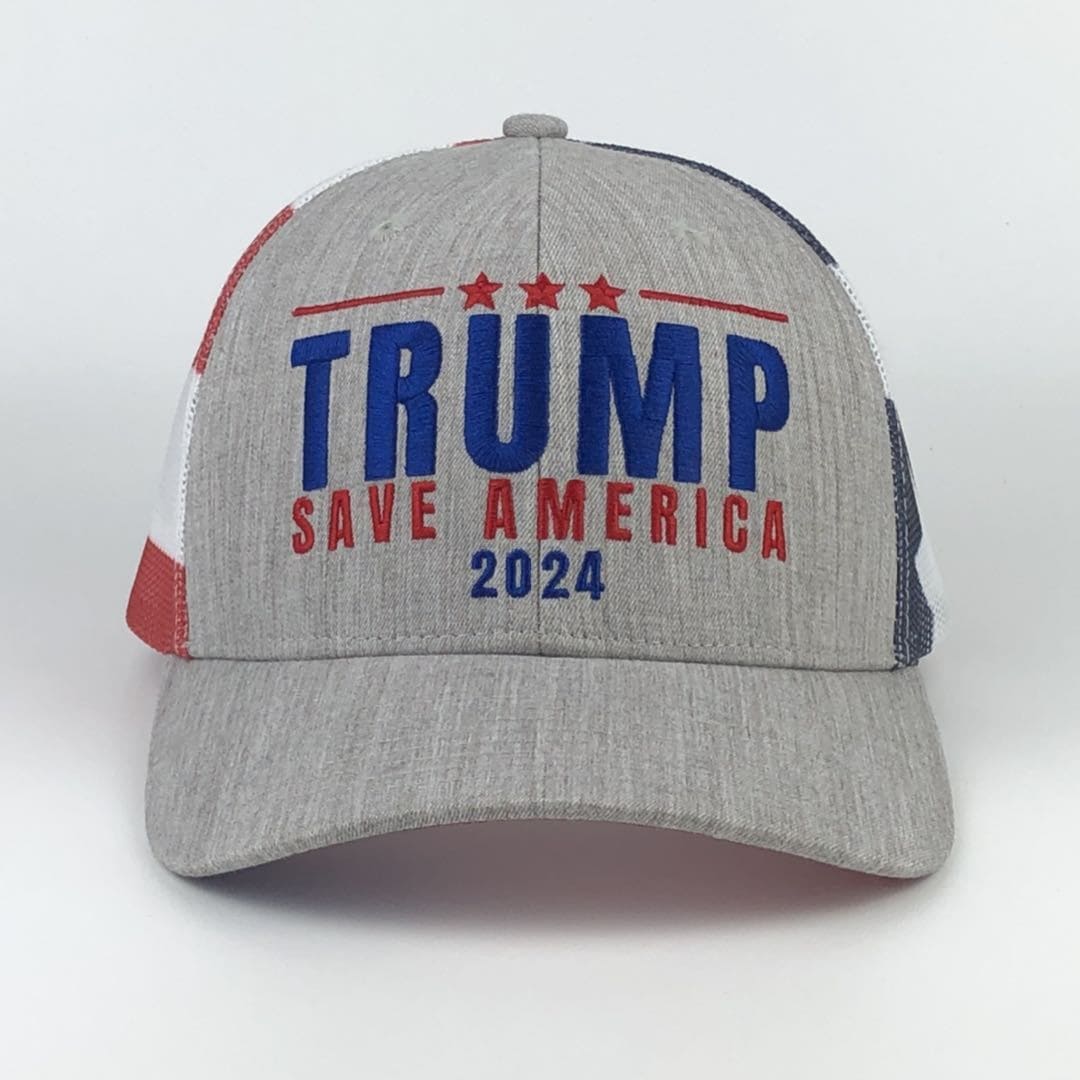 Trump 2024 Save America American Flag Mesh Trucker Hat - LiberTee Shirts