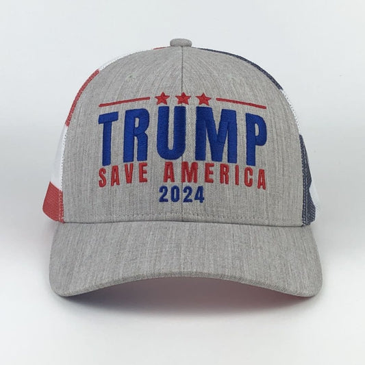 Trump 2024 Save America American Flag Mesh Trucker Hat - LiberTee Shirts