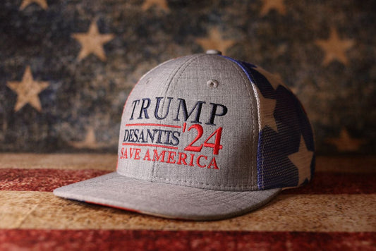 Trump DeSantis 2024 American Flag Back Mesh Trucker Hat - LiberTee Shirts