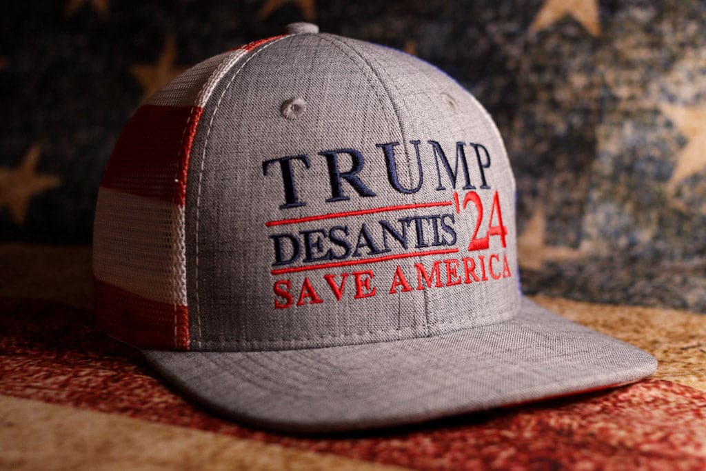 Trump DeSantis 2024 American Flag Back Mesh Trucker Hat - LiberTee Shirts